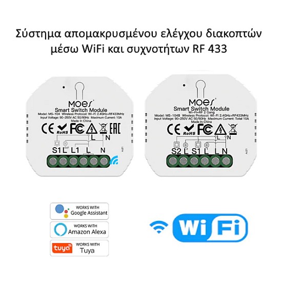 MOES WRM-104B-MS Έξυπνος Διακόπτης Φωτός WiFi/RF433 2Gang