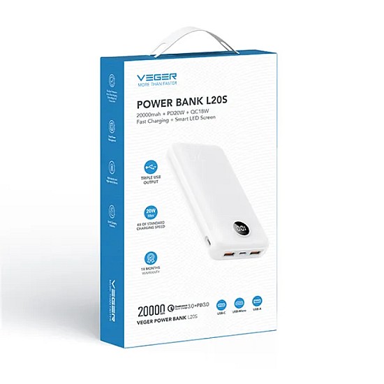 Veger L20s V2039PD Power Bank 20000mAh 2x USB-Α / 1x Type-C Λευκό