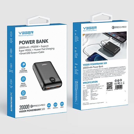 Veger S20 Power Bank 20000mAh 20W με 2 Θύρες USB-A και Θύρα USB-C Power Delivery / Quick Charge 3.0 Μαύρο