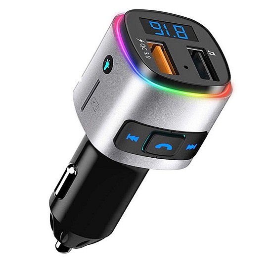 Criacr V5.0 Bluetooth FM Transmitter για Αυτοκίνητο (QuickCharge 3.0/2 USB/7 RGB Χρώματα) Silver