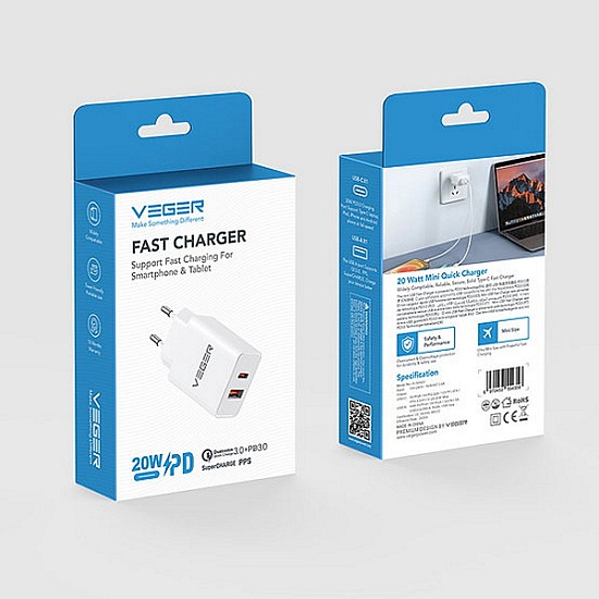 Veger Φορτιστής Χωρίς Καλώδιο με Θύρα USB-A και Θύρα USB-C 20W Power Delivery / Quick Charge 3.0 Λευκός