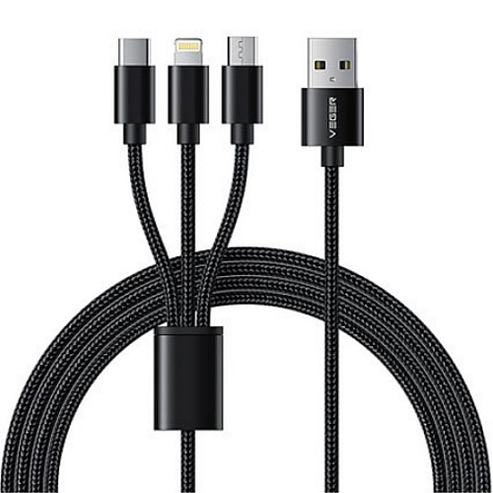 Veger V303 Braided USB to Lightning / Type-C / micro USB Cable 2.4A Μαύρο 1.5m