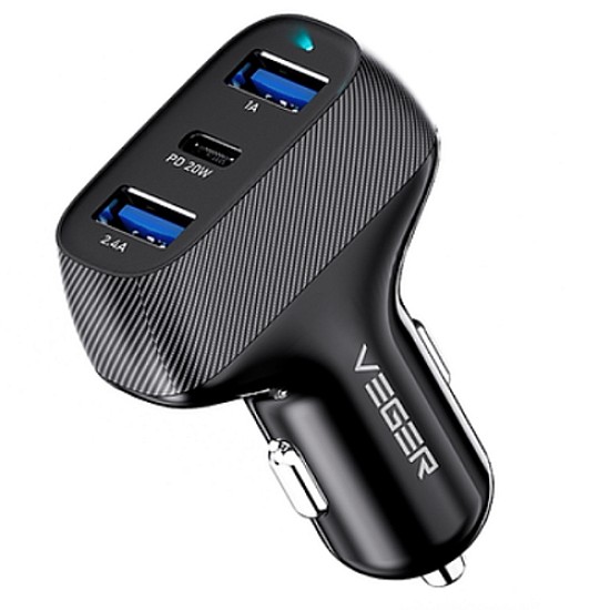 Veger Φορτιστής Αυτοκινήτου QWE Συνολικής Έντασης 2.4A Γρήγορης Φόρτισης με Θύρες: 3xUSB (Μαύρος)