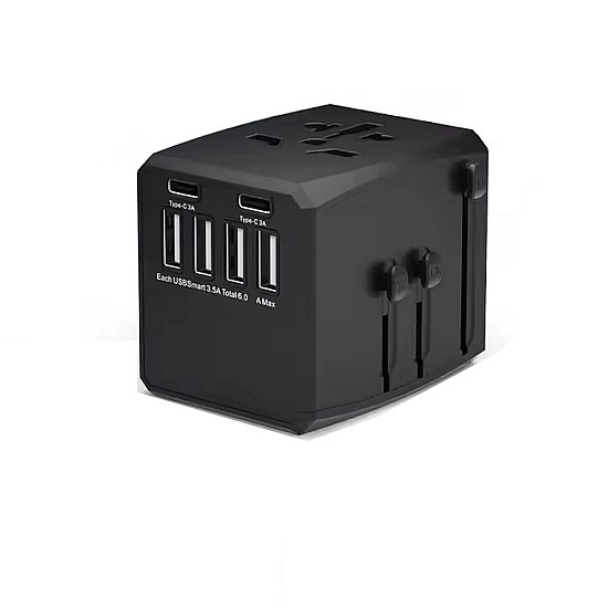 RRtravel HHT904 Αντάπτορας Πρίζας από Universal σε Universal με 6 Θύρες (4xUSB / 2xType-C/) USA EU UK AU US (Black) Αντάπτορας universal με έξοδο διαφόρων βυσμάτων