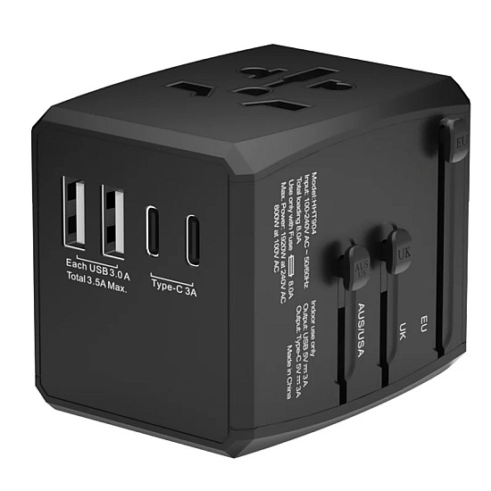 RRtravel HHT904 2xQC18W+PD20W Αντάπτορας Πρίζας από Universal σε Universal με 4 Θύρες (2xUSB / 2xType-C/) USA EU UK AU US (Black) Αντάπτορας universal με έξοδο πολλαπλών βυσμάτων