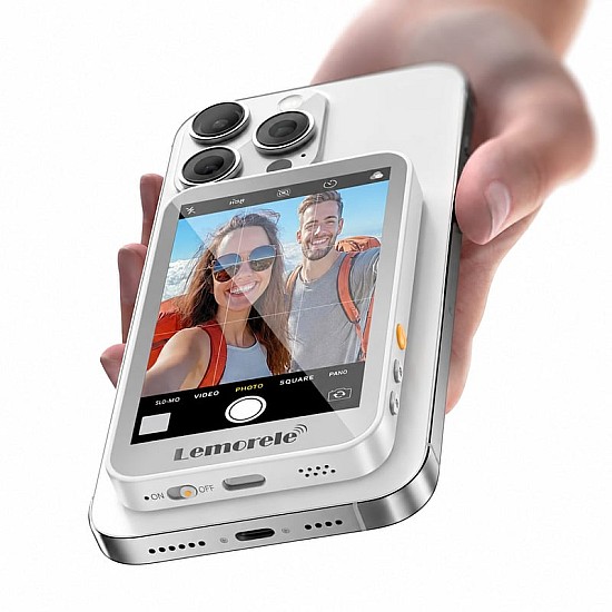 Ασύρματη οθόνη selfie Lemorele R600 Pro White – μπροστινή όψη με μαγνητική στήριξη