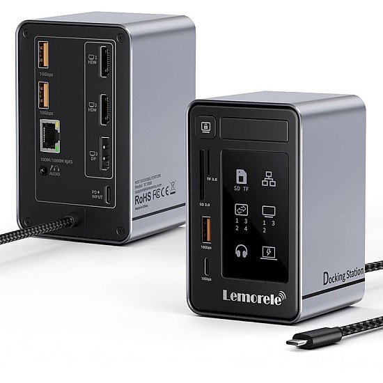 Docking station 12 σε 1 Lemorele TC1000 Grijs – μπροστινή όψη με θύρες και LED ενδείξεις