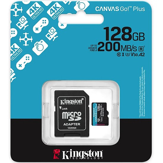 Kingston Canvas Go Plus microSDXC 128GB Class 10 U3 V30 A2 UHS-I με αντάπτορα Kingston microSD 128GB V30