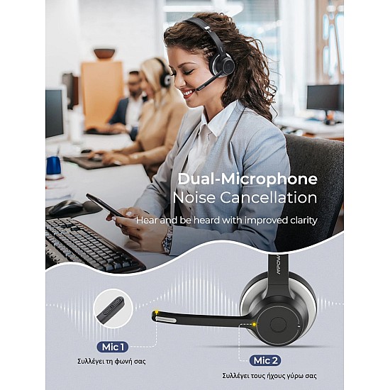 Mpow HC5 Ασύρματα Bluetooth/Ενσύρματα Over Ear Business Headset για Calling Center Black