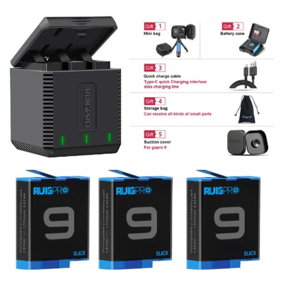 RuigPro Φορτιστής Charging Box μπαταριών 3 θέσεων για GoPro 9/10/11 με 3 μπαταρίες δώρο (RG-901-3CH)