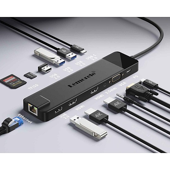 Lemorele TC100 Docking Station 13-σε-1 USB-C Hub με Dual 4K HDMI, VGA, PD 100W, Ethernet, SD/TF & Audio για Laptop / MacBook / Surface USB-C Docking Station για 2 Οθόνες με Dual HDMI και Ethernet