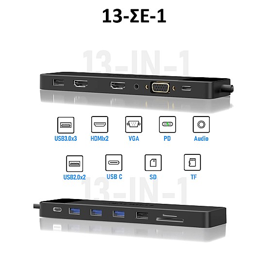 Lemorele TC200 Docking Station 13-σε-1 USB-C Hub για MacBook Pro / Air με Dual 4K HDMI, VGA, PD 100W, SD/TF & Audio Jack USB-C Hub για MacBook