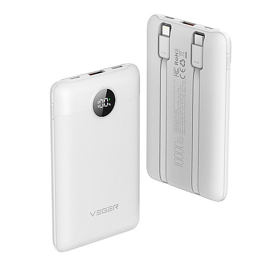 VEGER C11 Powerbank 10.000mAh 22.5W με Ψηφιακή Οθόνη και Ενσωματωμένα Καλώδια (Λευκό)