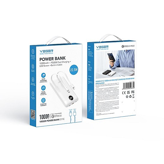 VEGER C11 Powerbank 10.000mAh 22.5W με Ψηφιακή Οθόνη και Ενσωματωμένα Καλώδια (Λευκό)