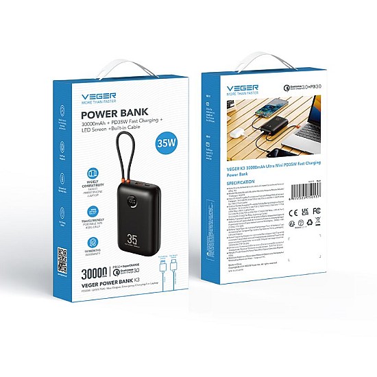 VEGER K3 30.000mAh 35W PD Powerbank με Ψηφιακή Οθόνη