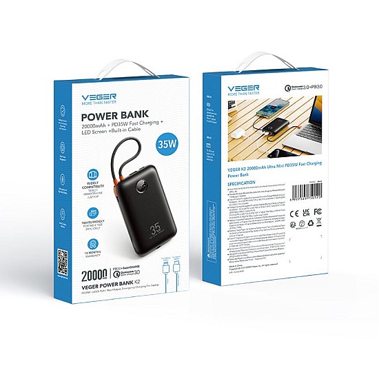 VEGER K2 20.000mAh 35W PD Powerbank με Ψηφιακή Οθόνη