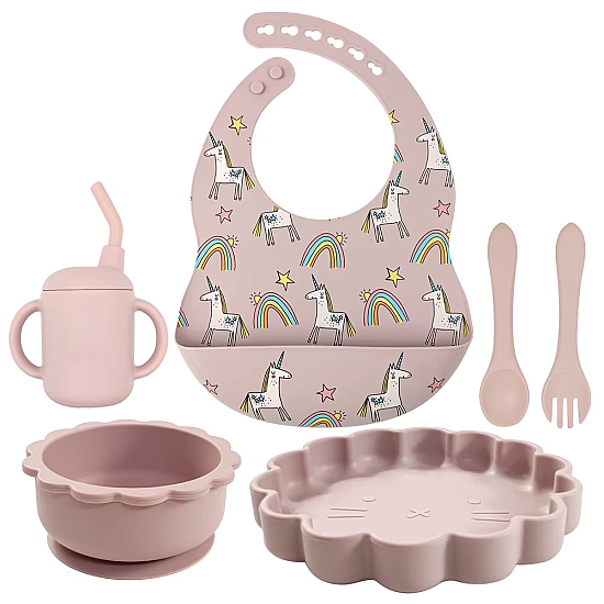Giggles and Co. Βρεφικό Σετ Φαγητού Σιλικόνης 6τμχ BPA Free με Σαλιάρα, Μαχαιροπίρουνα & Ποτήρι με Καλαμάκι (Pink Unicorn)