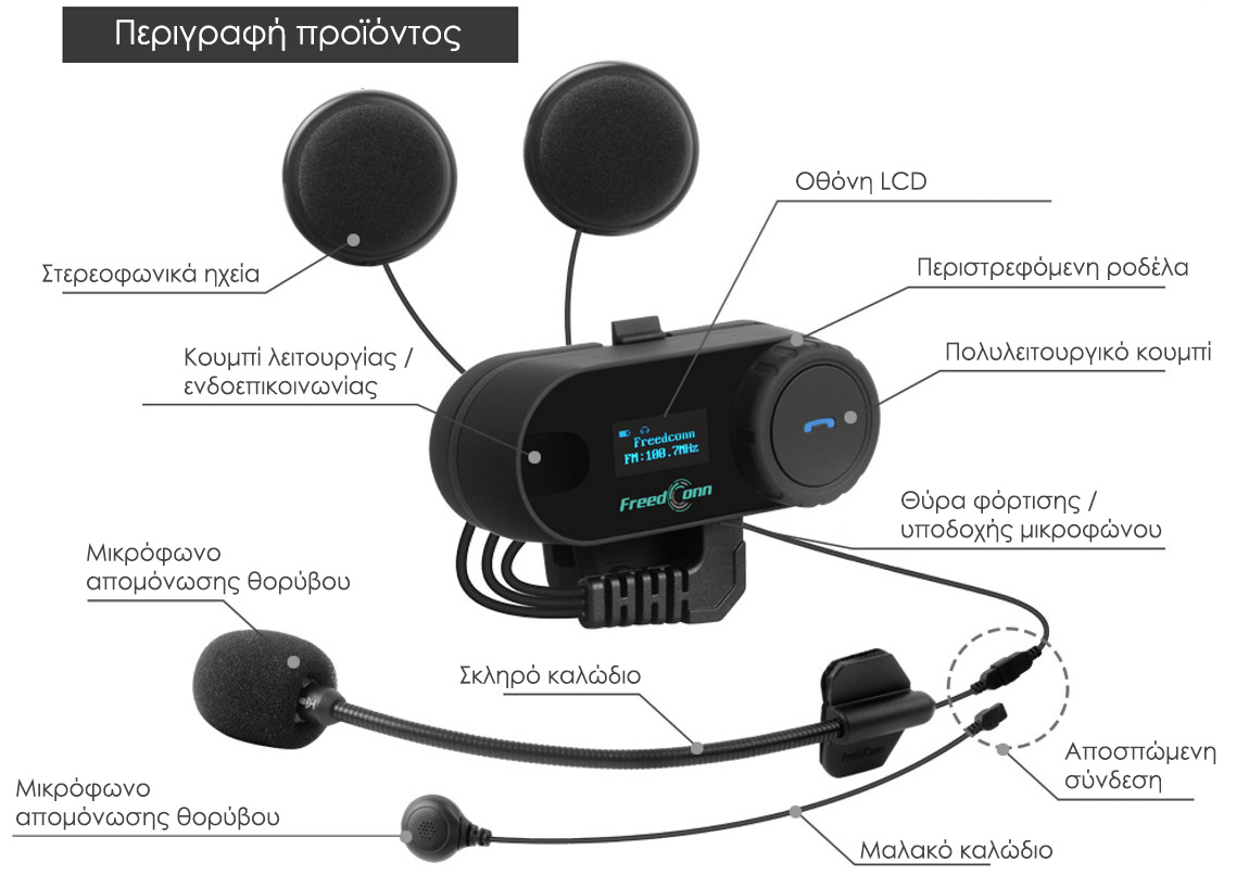 FreedConn TCOM-SC Ενδοεπικοινωνία Μονή για Κράνος Μηχανής με μικρόφωνο απομόνωσης θορύβου