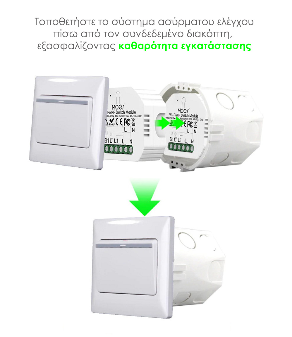 Έξυπνος Διακόπτης Φωτός WiFi RF433 MOES καθαρής εγκατάστασης