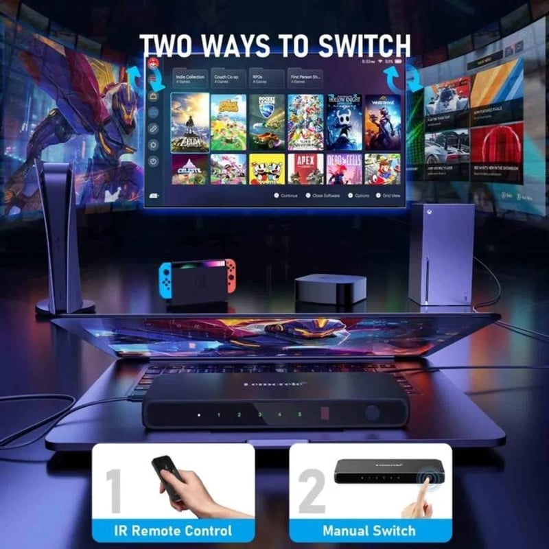 HDMI switch με gaming κονσόλες και τηλεχειριστήριο