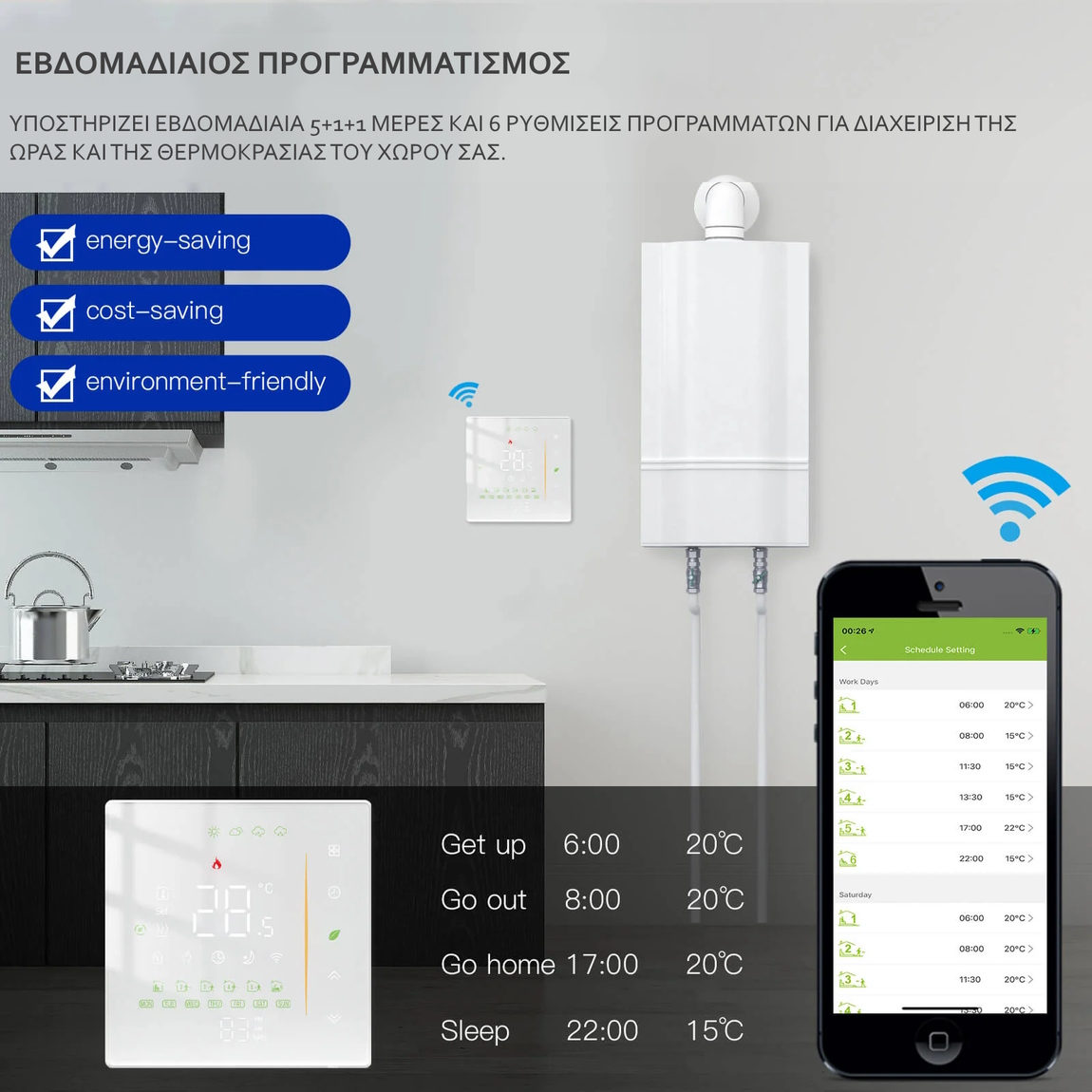 MOES WiFi Έξυπνος Προγραμματιζόμενος Θερμοστάτης για Λέβητα Αερίου με εβδομαδιαίο προγραμματισμό